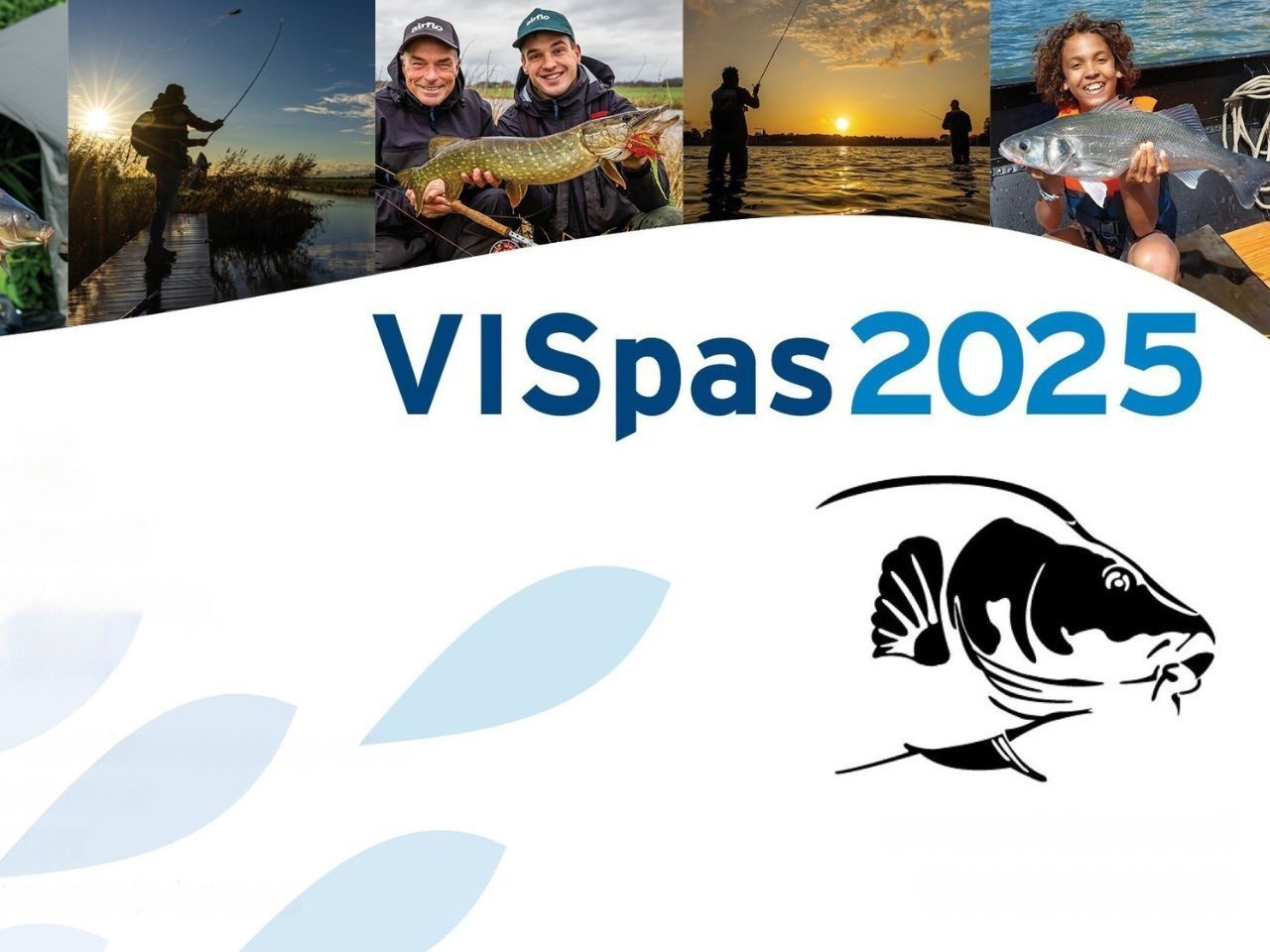 Afbeelding van de VISpas 2025 met een collage van vissers die verschillende vissoorten vangen en genieten van het vissen in de natuur. Op de pas staat het logo van een karper.
